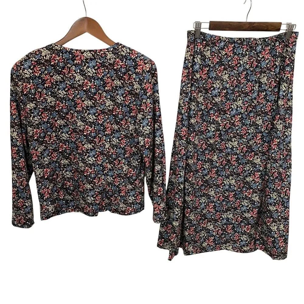 Vintage 80s 90s Floral 2pc Set Button Top & Midi Skirt Side Buttons - Picture 10 of 15